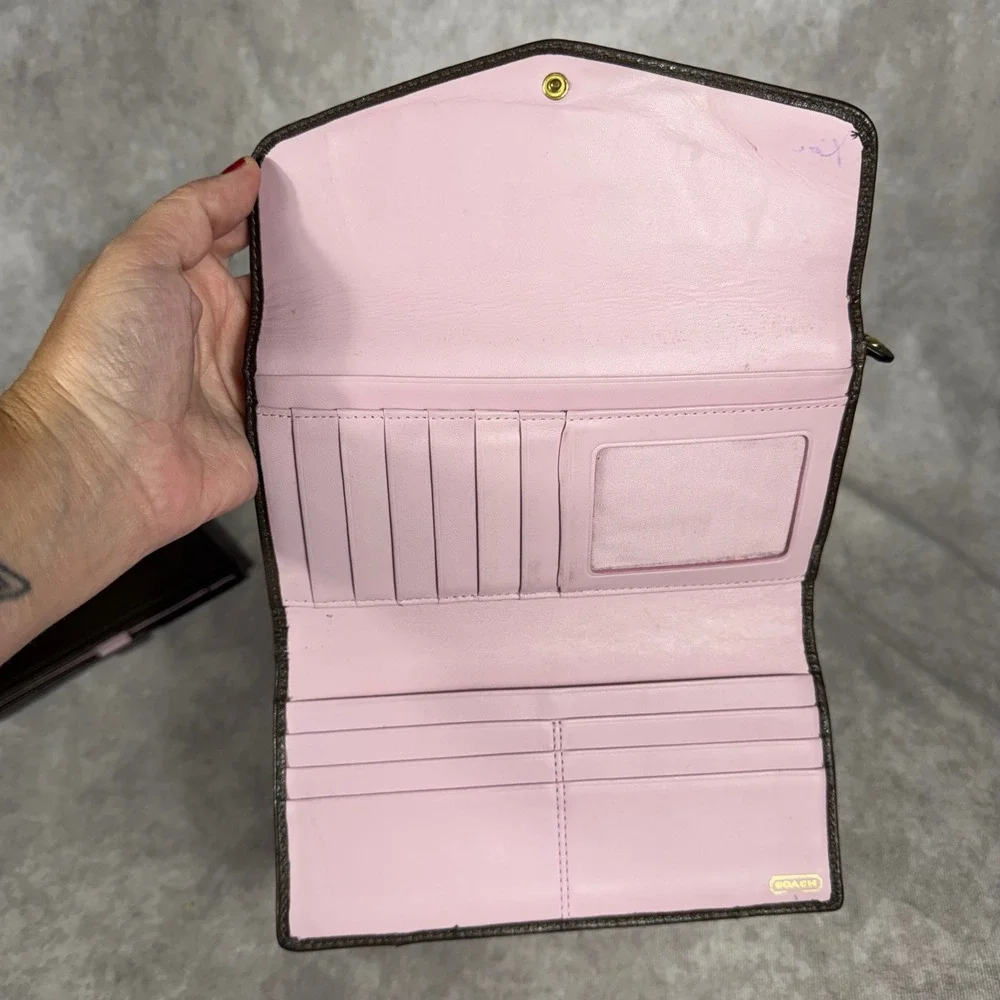 Vtg Y2K Coach Madison Brown Pink Leather Wallet & Checkbook Set Gold Carriage